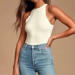 Free People Feels Right Ivory Scallop Edge Bodysuit Size Small